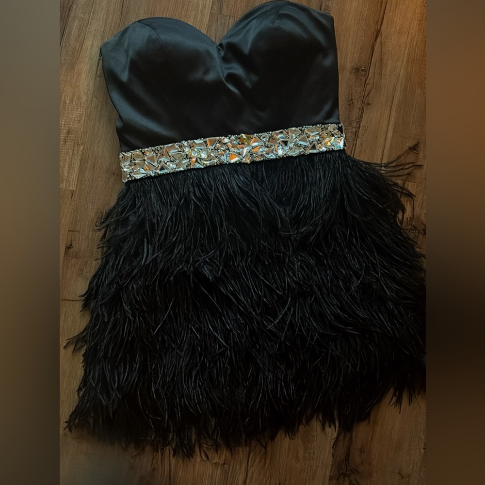 Sherri Hill Black Feathered Mini Dress with Silver Beaded Waist